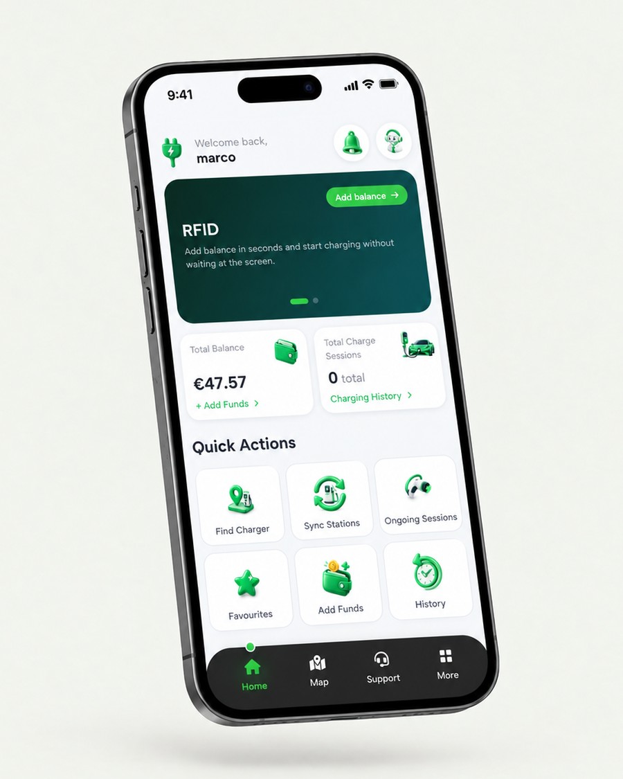 EVDC home screen with in-app balance, charging history and quick actions
